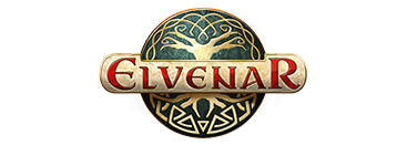 Logo del juego, con la palabra "Elvenar" en el centro en color rojo, y detrás un círculo verde con la silueta de un árbol en color dorado.
