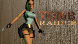 Lara Croft del 1996 con el título Tomb Rider a su derecha.