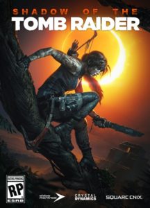 Lara Croft inclinada de perfil derecho en una rama con un eclipse solar de fondo.