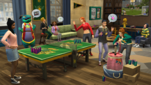 Sala de estar donde hay varios avatares (Sims) conversando de distintas temáticas.