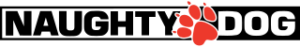Logo de la desarrolladora de videojuegos Naugthy Dog en blanco y negro con una huella de perro de color rojo.