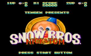 Pantalla de inicio de Snow Bros con el logo y las indicaciones de juego