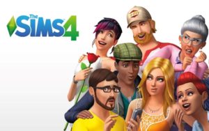 Imagen de portada de Los Sims 4 que muestra el título del juego y algunos personajes representativos.