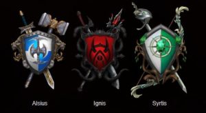 Escudos de los tres reinos (Alsius, Ignis y Syrtis)