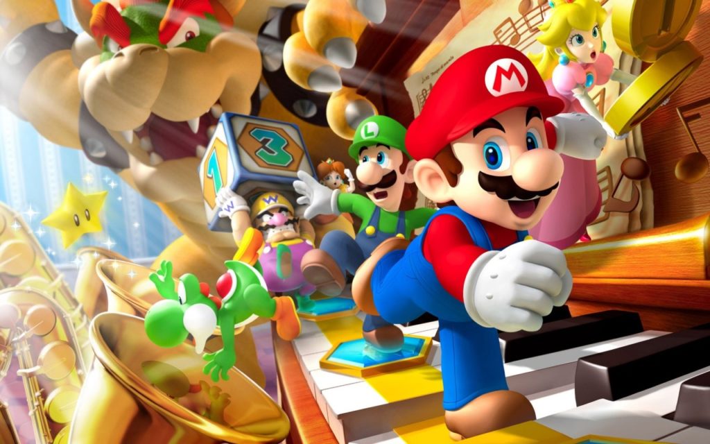 Portada del videojuego Super Mario Run. El la imagen aparecen Mario, Luigi, Yoshi, Princesa Peach y Wario.
