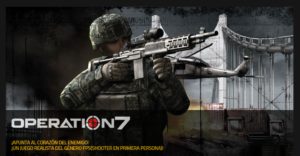 Captura de pantalla. Soldado con arma y logo el videojuego. 