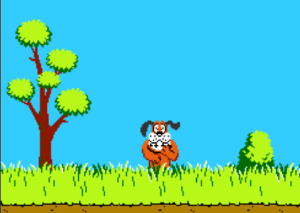 Pantalla de Duck Hunt donde el perro de caza su ríe porque el jugador no consiguió golpear al pato
