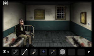 Imagen de Forgotten Hill Surgery: habitación de un paciente en un hospital. Los objetos recogidos por el jugador están en la parte inferior.