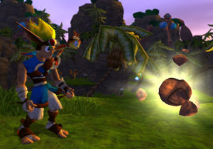 el elfo Jak y la comadreja naranja Daxter frente a un objeto de forma esférica iluminado.