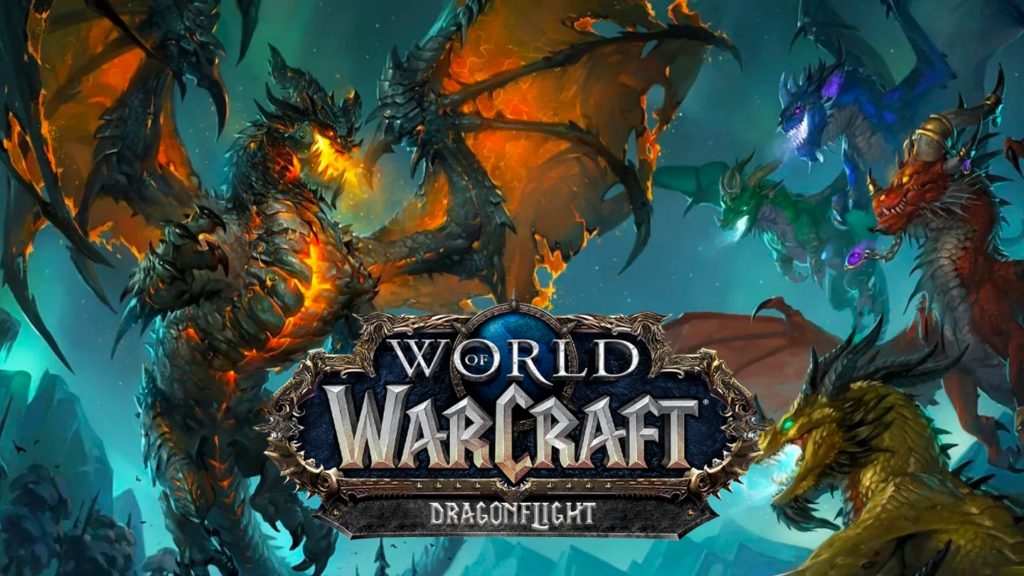 Imagen de pantalla de carga de World of Warcraft: Dragonflight con dragones luchando.