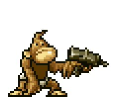 Imagen GIF de un mono bebé sosteniendoun arma en el juego Metal Slug.
